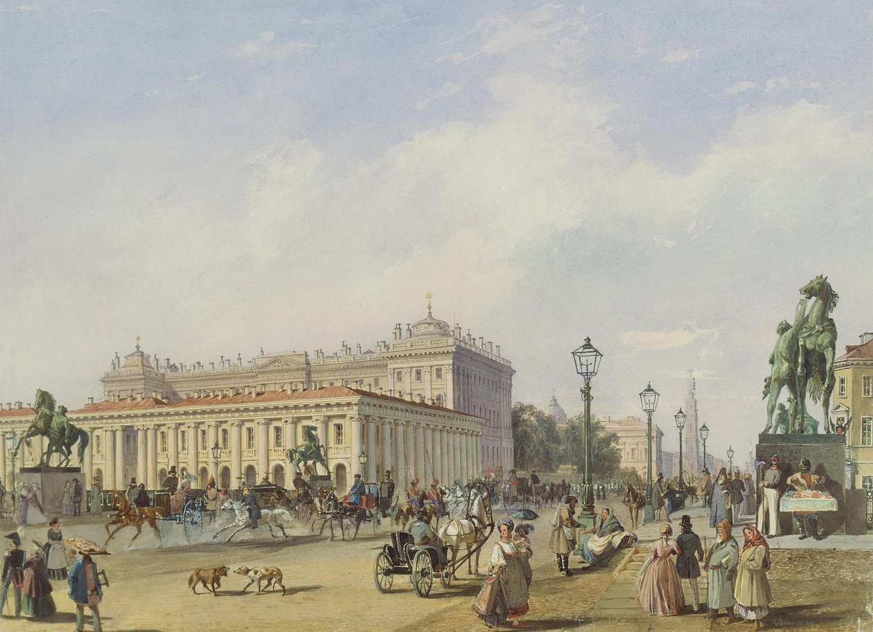 De Anitschkow-brug in Sint-Petersburg, 1847 door Ludwig Franz Karl Bohnstedt