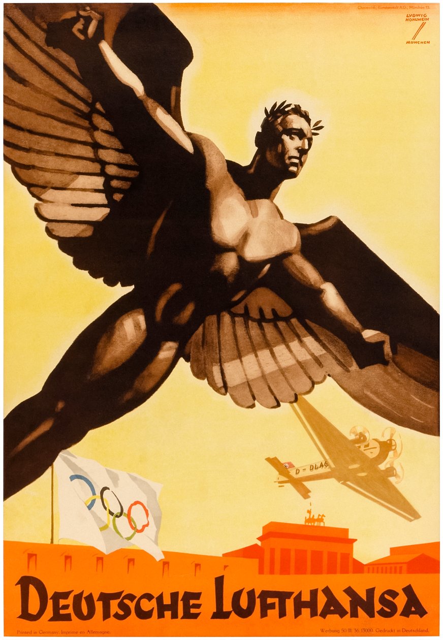 Deutsche Lufthansa, affiche voor Duitse luchtvaartmaatschappijen ter promotie van de Olympische Spelen van 1936 in Nazi-Duitsland (affiche) door Ludwig Hohlwein