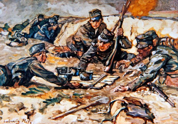 Rantsoenen brengen naar de Oostenrijkse loopgraven onder vuur van Russische artillerie door Ludwig Putz