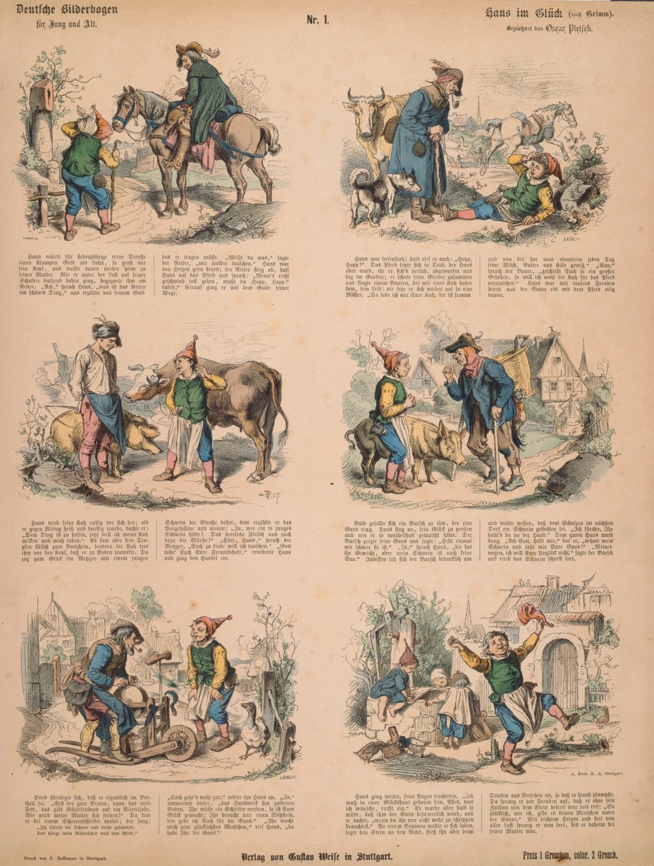 Hans in Geluk (naar de Gebroeders Grimm), no.213 van Muenchener Bilderbogen uitgegeven door Braun & Schneider, München, 1880 door Ludwig Voltz