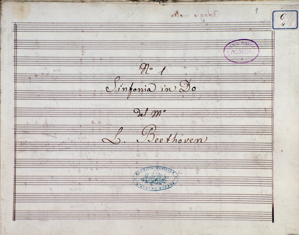 Eerste pagina van de bladmuziek voor Symfonie nr. 1 in C majeur opus 21, door Ludwig van Beethoven door Ludwig van Beethoven