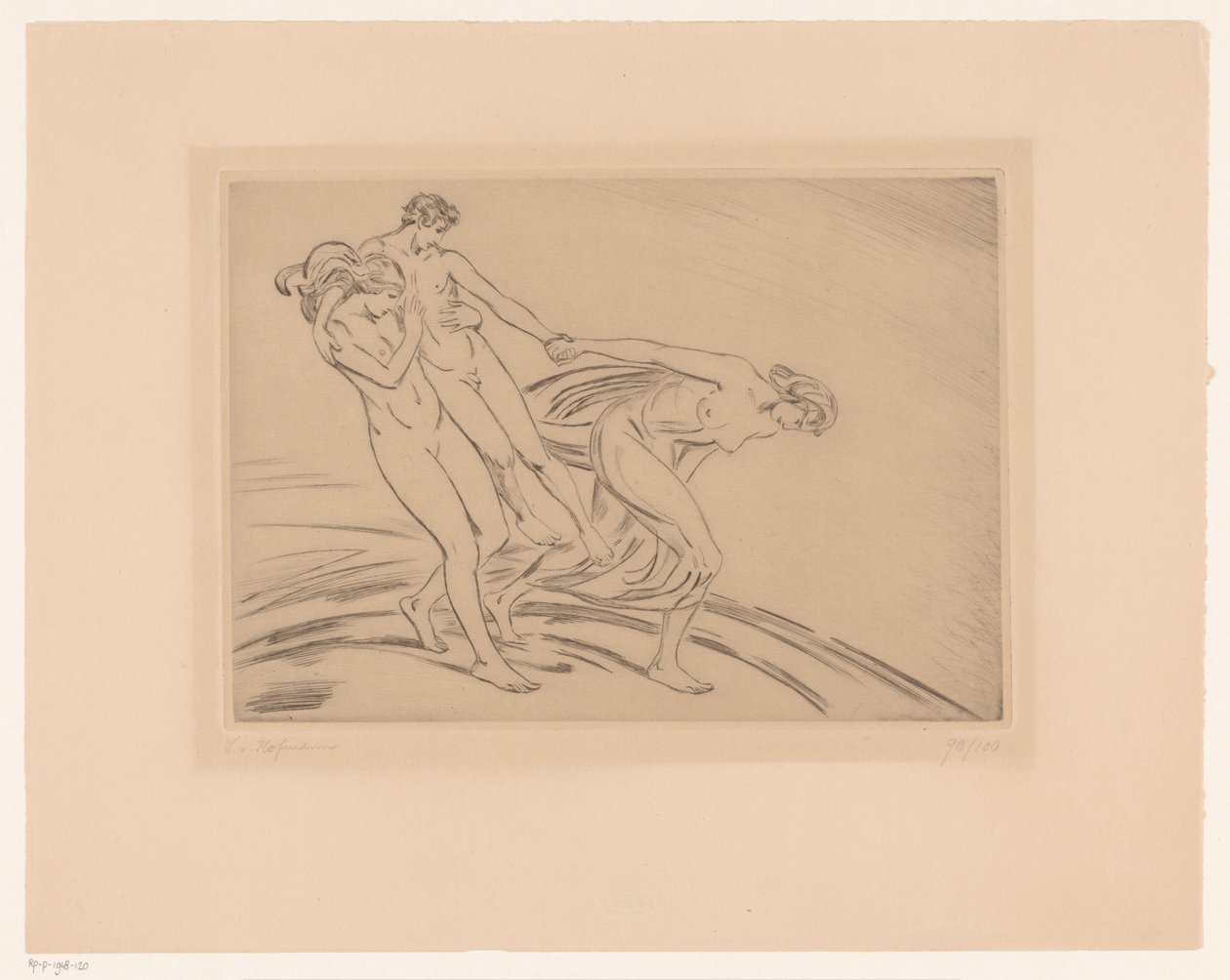 Twee vrouwen ontvoeren een man door Ludwig von Hofmann (signed by artist)