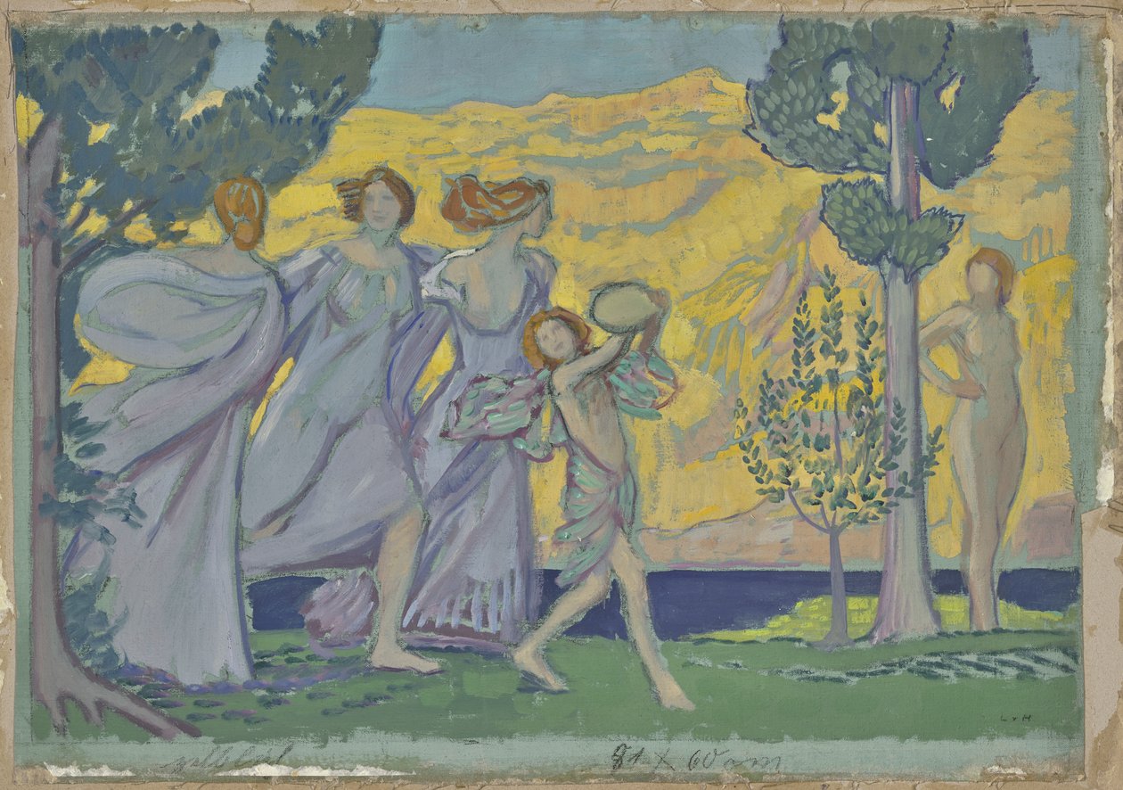 Drie dansende meisjes en tamboerijnspelers door Ludwig von Hofmann