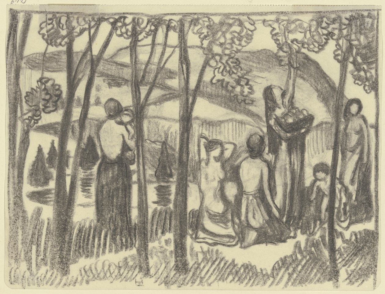 Knielende vrouwen en een fruitplukster door Ludwig von Hofmann