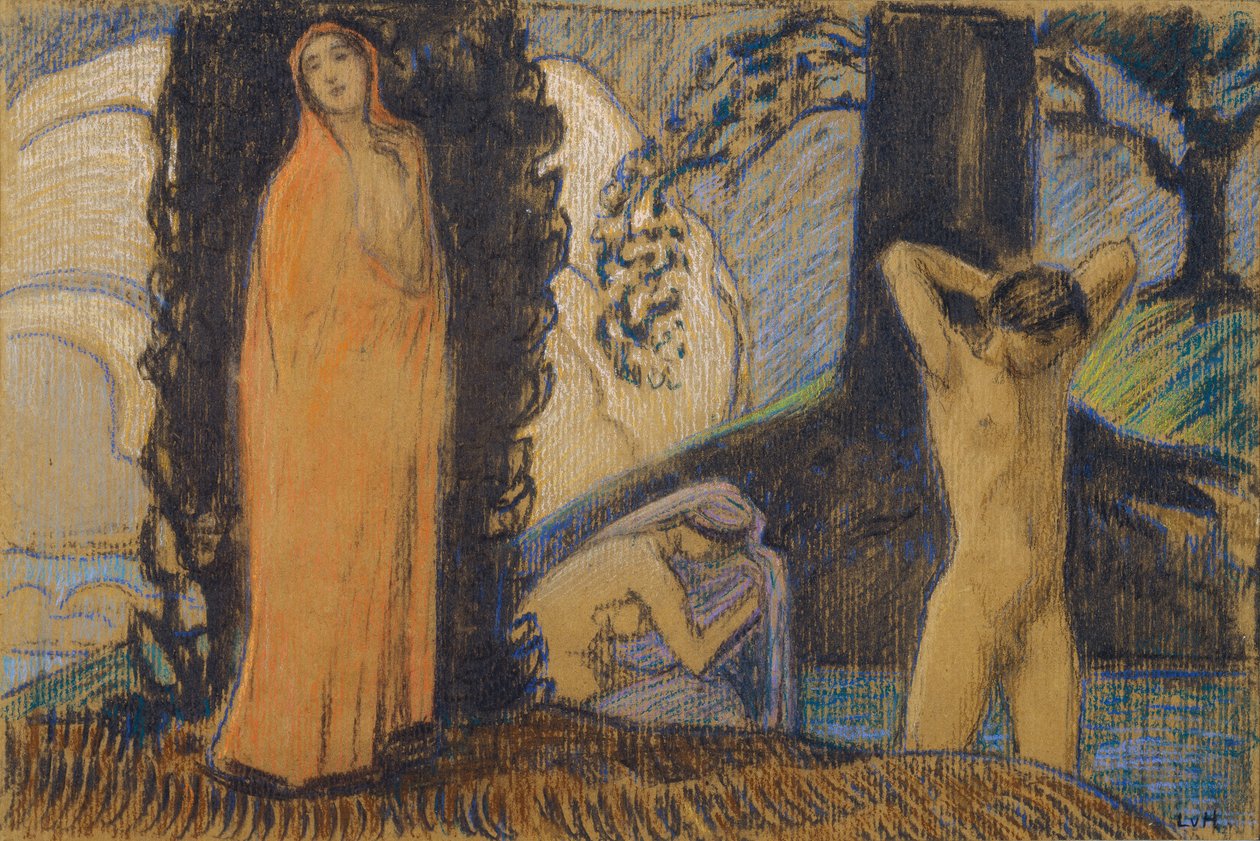 Twee vrouwen en een jongeman in het bad door Ludwig von Hofmann