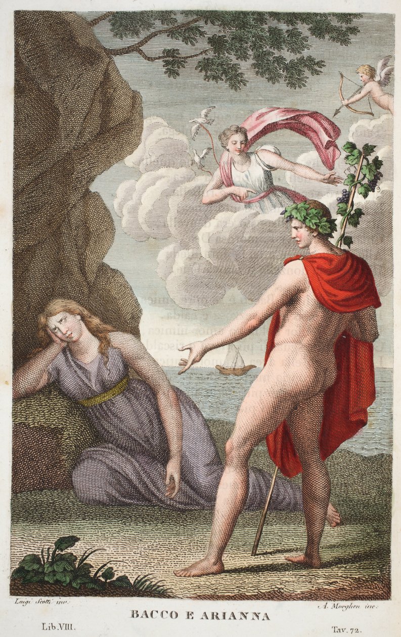 Bacchus en Ariadne of Bacco e Arianna, Boek VIII, illustratie uit Ovidius