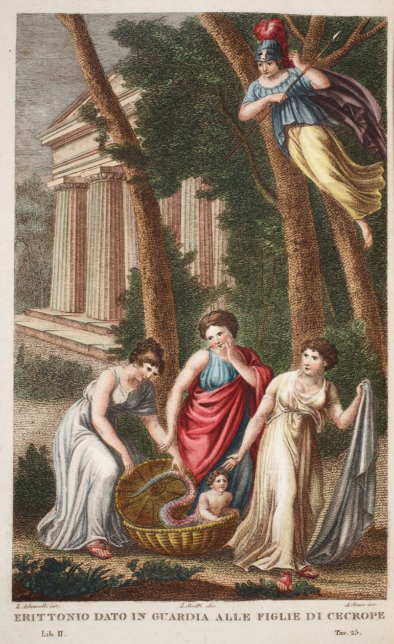Erichthonius met Drakenvoeten of Erittonio gegeven aan de Dochters van Cecrops, Boek II, illustratie uit Ovidius