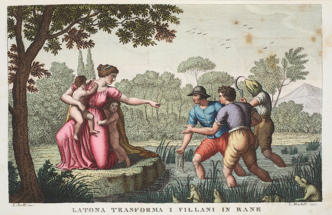 Lycische Boeren in Kikkers of Latona verandert de Boeren in Kikkers, Boek VI, illustratie uit Ovidius