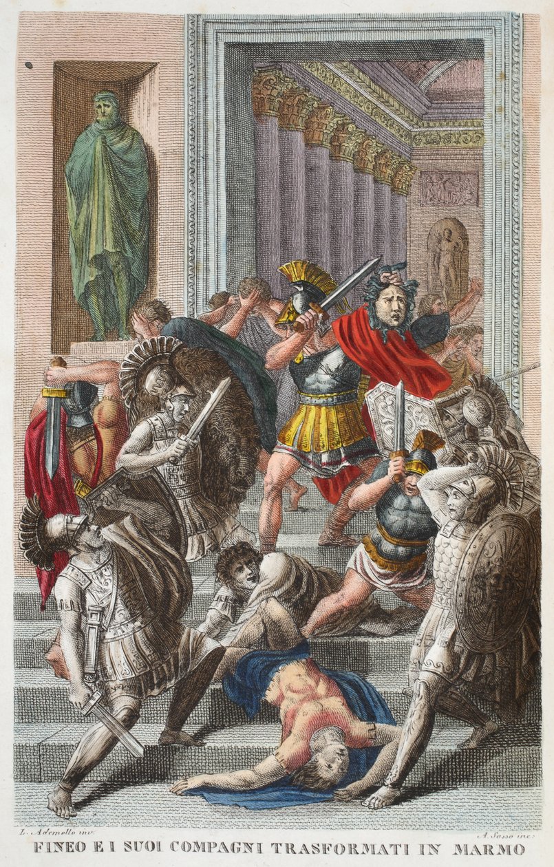 Phineus en vrienden in steen, Boek V, illustratie uit Ovidius