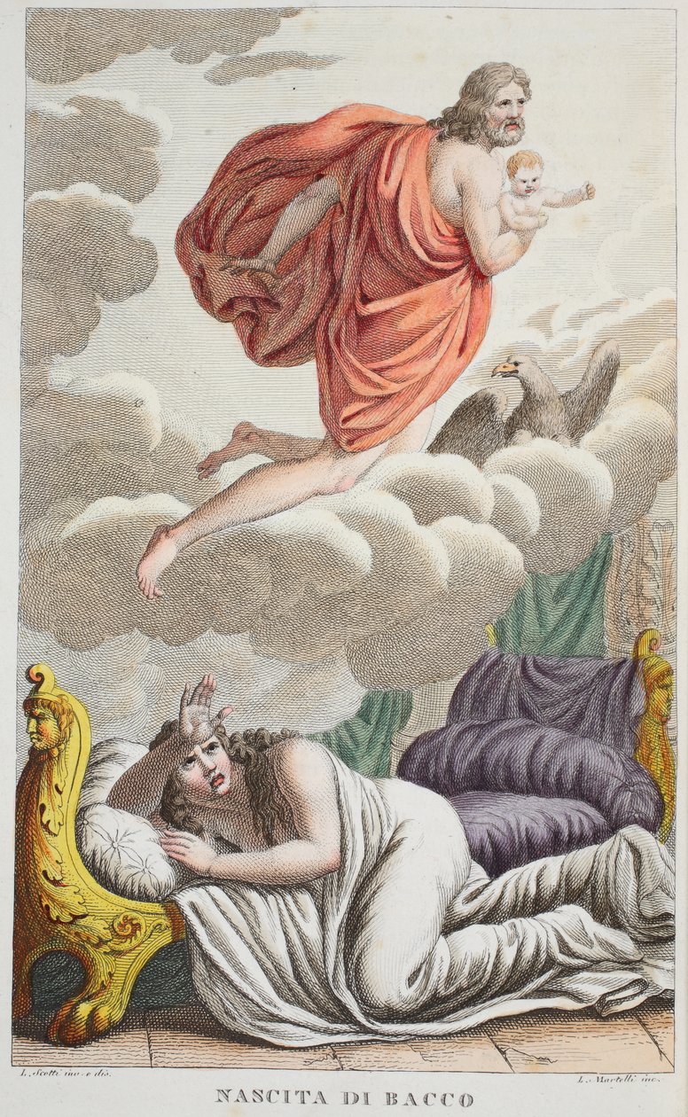 Semele wordt door de bliksem getroffen, illustratie uit Ovidius