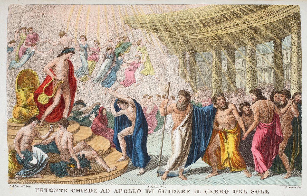 Het Paleis van de Zon of Fetonte Vraagt Apollo om de Zonnewagen te Besturen, Boek II, illustratie uit Ovidius