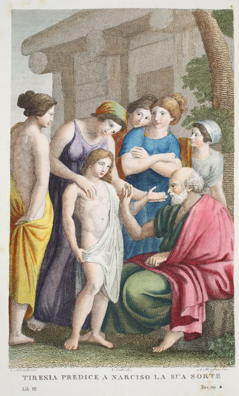 Tiresias Voorspelt of Tirenia voorspelt Narcissus zijn Lot, Boek III, illustratie uit Ovidius