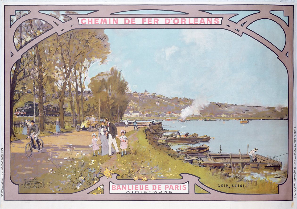 Poster die de attracties van een bezoek aan de Parijse voorstad Athis-Mons adverteert met de 
