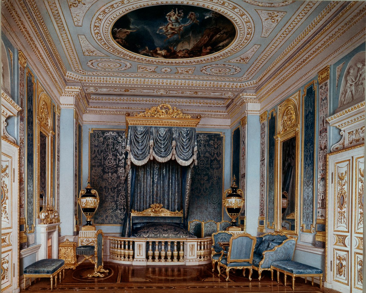 Zicht op de slaapkamer van tsaar Alexander II in het Gatchina-paleis door Luigi Premazzi