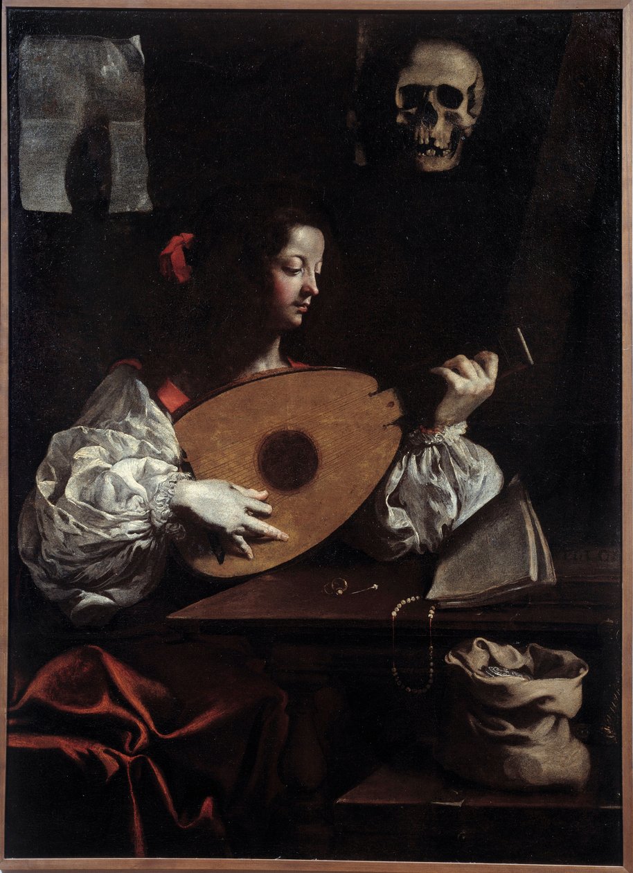 Luitspeler. Schilderij (Vanitas) door Luigi Miradori (17e eeuw) door Luigi Miradori