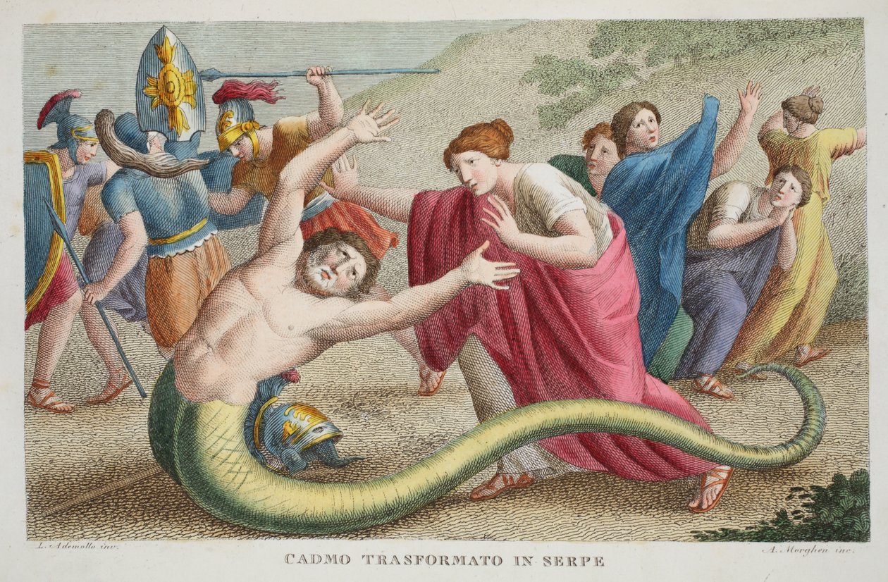 Cadmus in een slang of Cadmo Transformato in Serpe, Boek IV, illustratie uit Ovidius