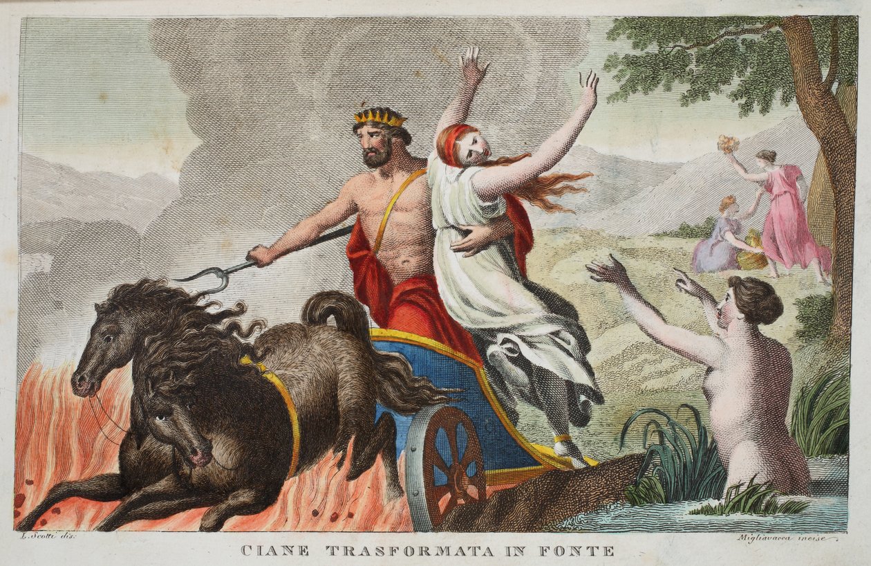 Cyane en de Ontvoering van Proserpina, Boek V, illustratie uit Ovidius