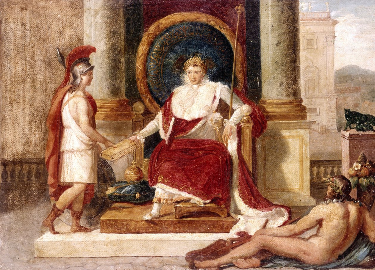 Napoleon overhandigt de wetboeken aan de godin Rome door Luigi Agricola