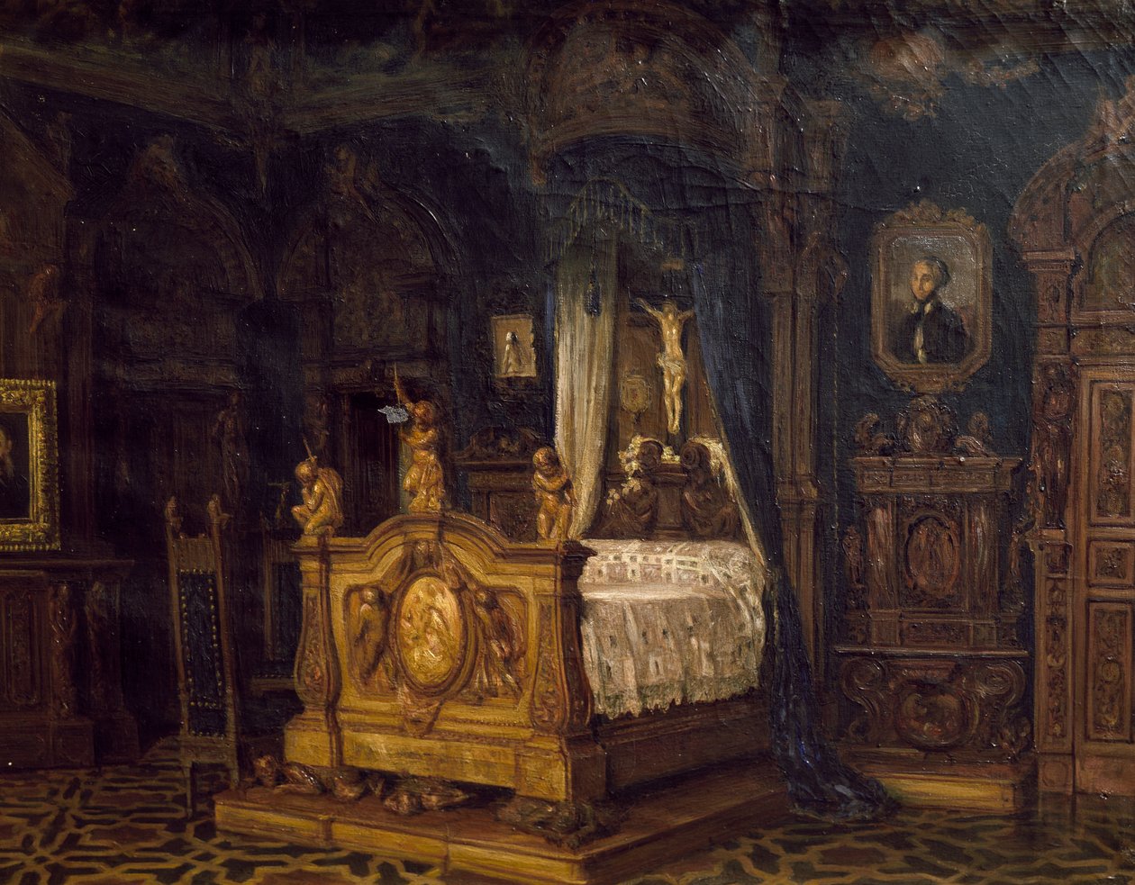 Interieur van de slaapkamer van edelman Gian Giacomo Poldi Pezzoli, ca. 1860 door Luigi Bisi