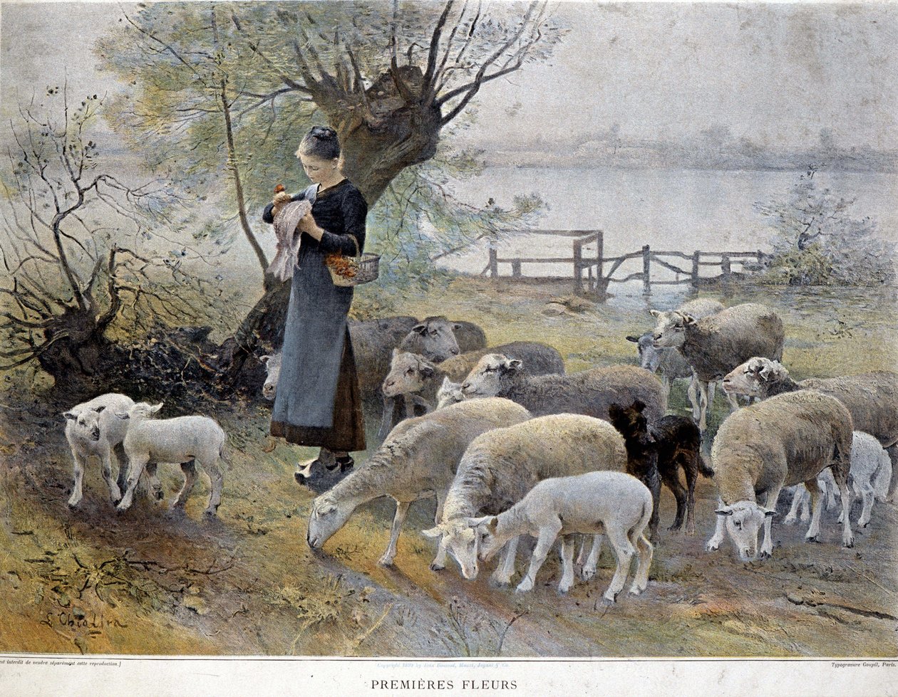 Eerste bloemen: Een herderin omringd door haar schapen steekt bloemen in haar hoed door Luigi Chialiva