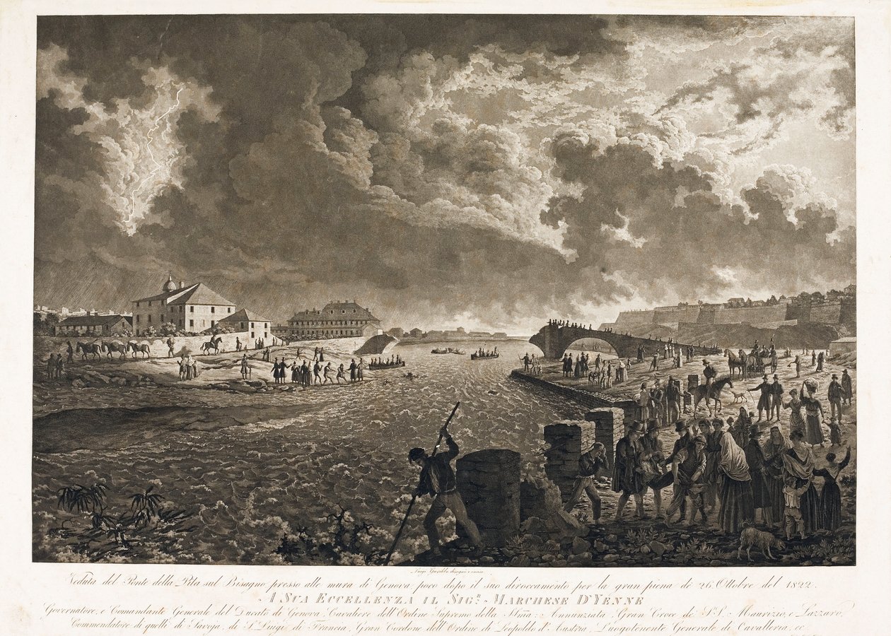 Zicht op de Pila-brug in Genua, na de overstroming van de Bisagno-stroom op 26/10/1822 (ets, ca. 1822) door Luigi Garibbo
