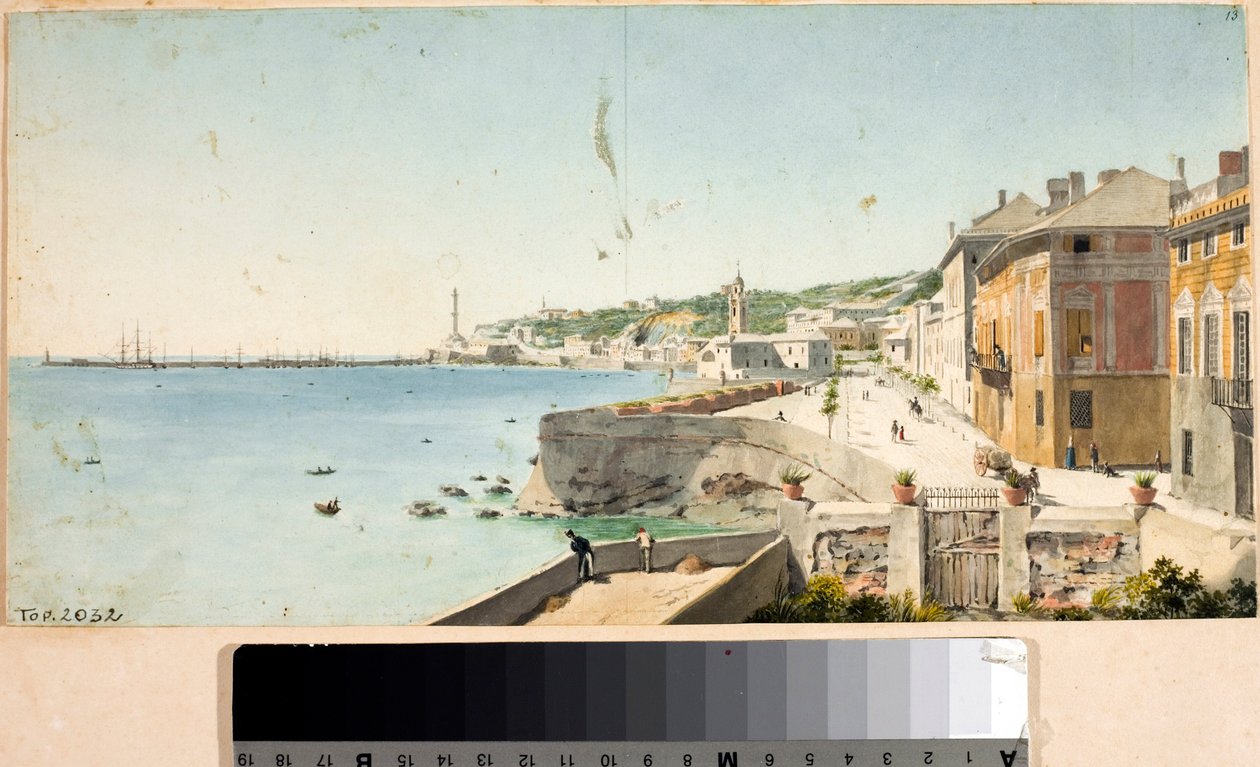 Uitzicht op de haven van Genua met de Lanterna, vuurtoren van de stad, bastions en de kerk San Teodoro door Luigi Garibbo