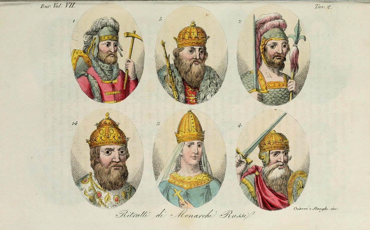 1. Rurik 2. Igor van Kiev 3. Olga 4. Sviatoslav 5. Vladimir de Grote 14. Ivan IV uit Il costume antico door Giulio Ferrario door Luigi Giarrè