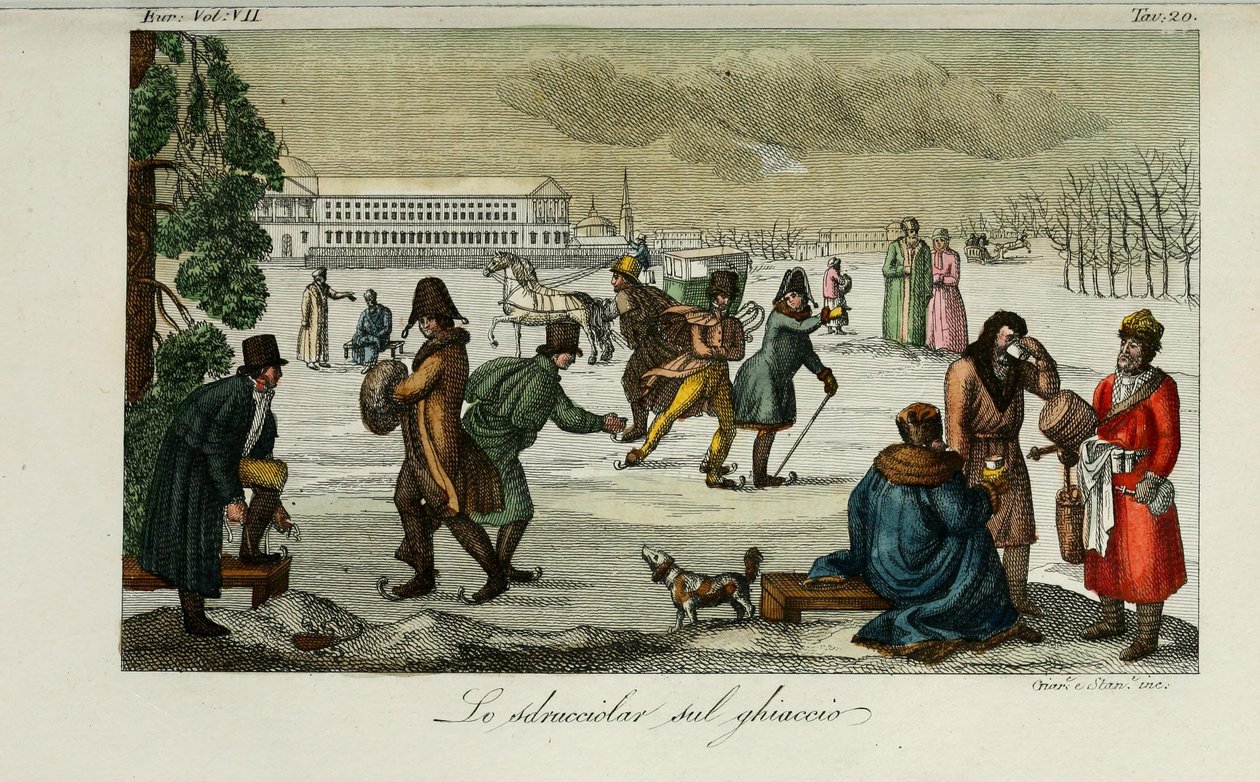 Schaatsbaan. Illustratie uit Il costume antico e moderno o storia del governo door Giulio Ferrario, 1831 door Luigi Giarrè