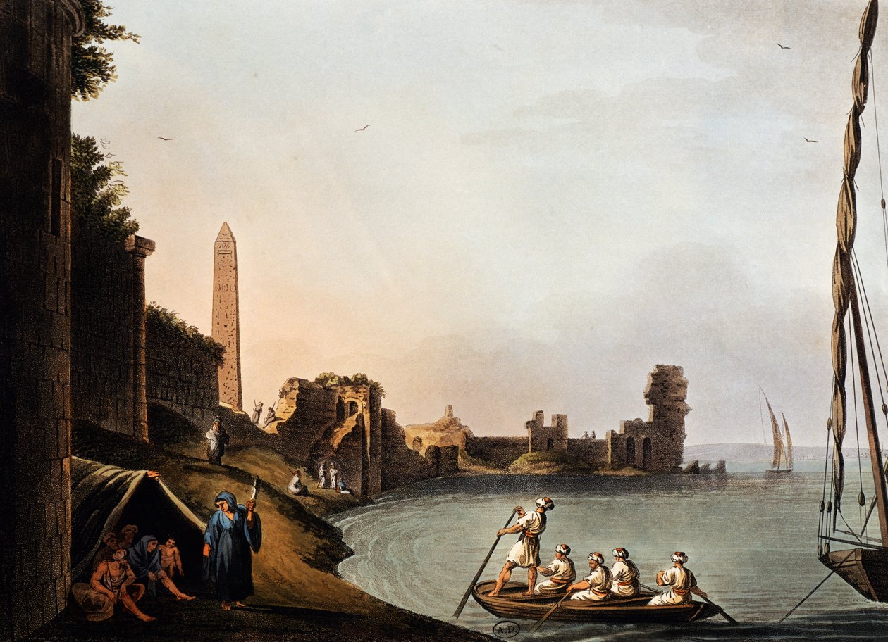 Oude muren en obelisk van Cleopatra, Luigi Mayer (1755-1803), gravure uit Vedute door Luigi Mayer