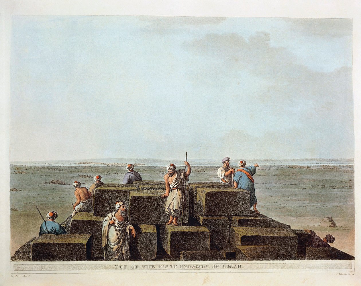 Egypte, Top van eerste piramide van Gizeh, gravure uit "Views" van Luigi Mayer door Luigi Mayer