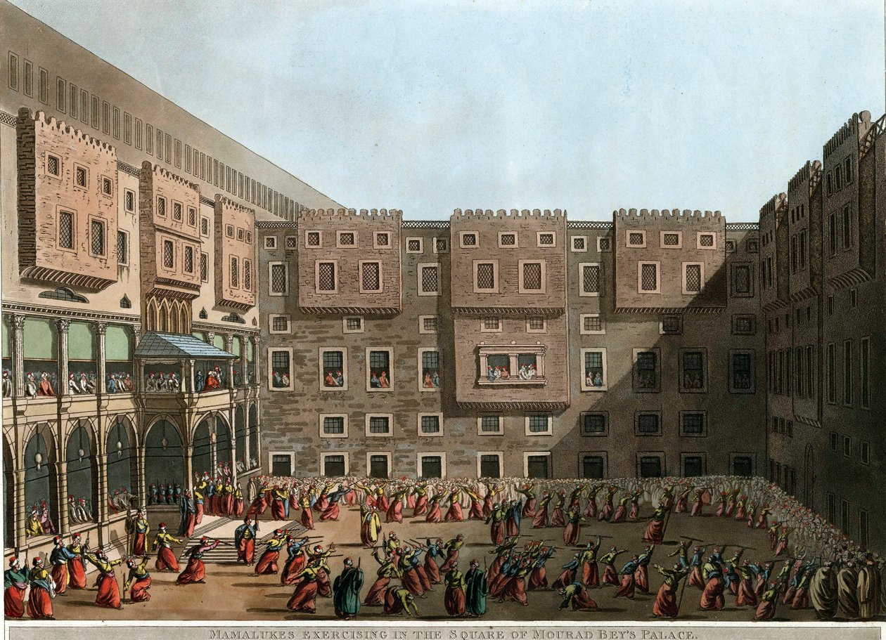 Mamelukken trainen op het plein van het Murad Bey-paleis, Tunis door Luigi Mayer