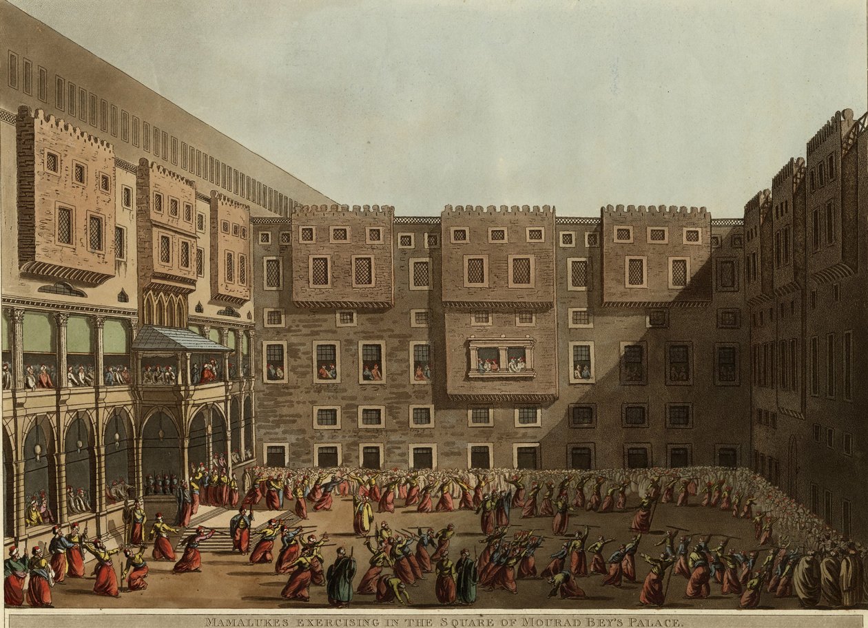 Mamelukken oefenen op het plein van het paleis van Murad Bey, 1802 door Luigi Mayer