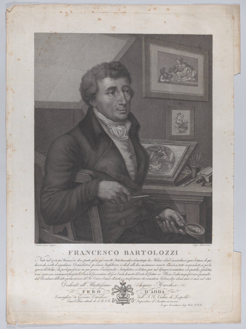Portret van Francesco Bartolozzi, zittend, met een vergrootglas en graveergereedschap, 1827 door Luigi Rados