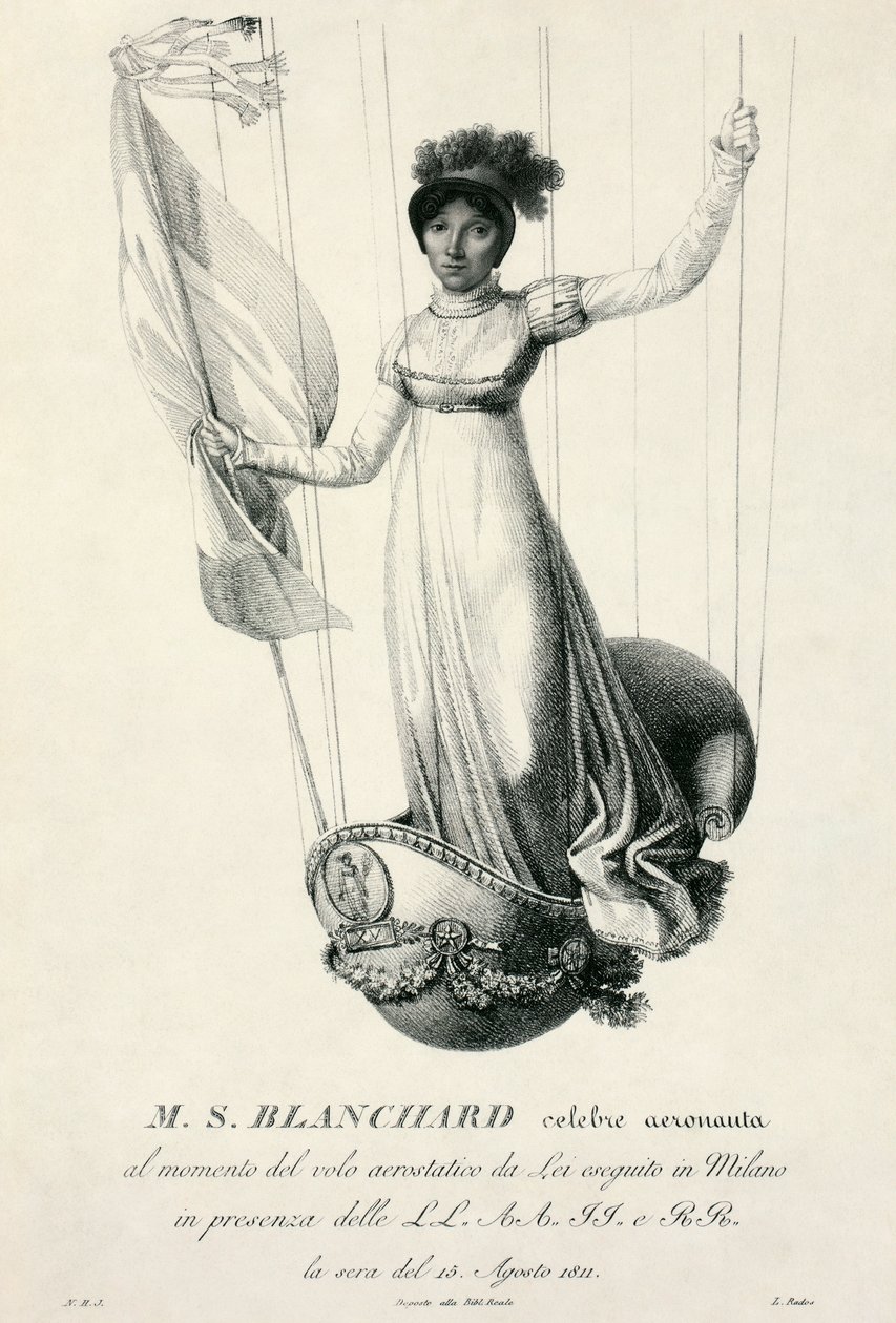 Portret van de Franse ballonvaarder Sophie Blanchard tijdens haar vlucht in Milaan, Italië, 1811 door Luigi Rados