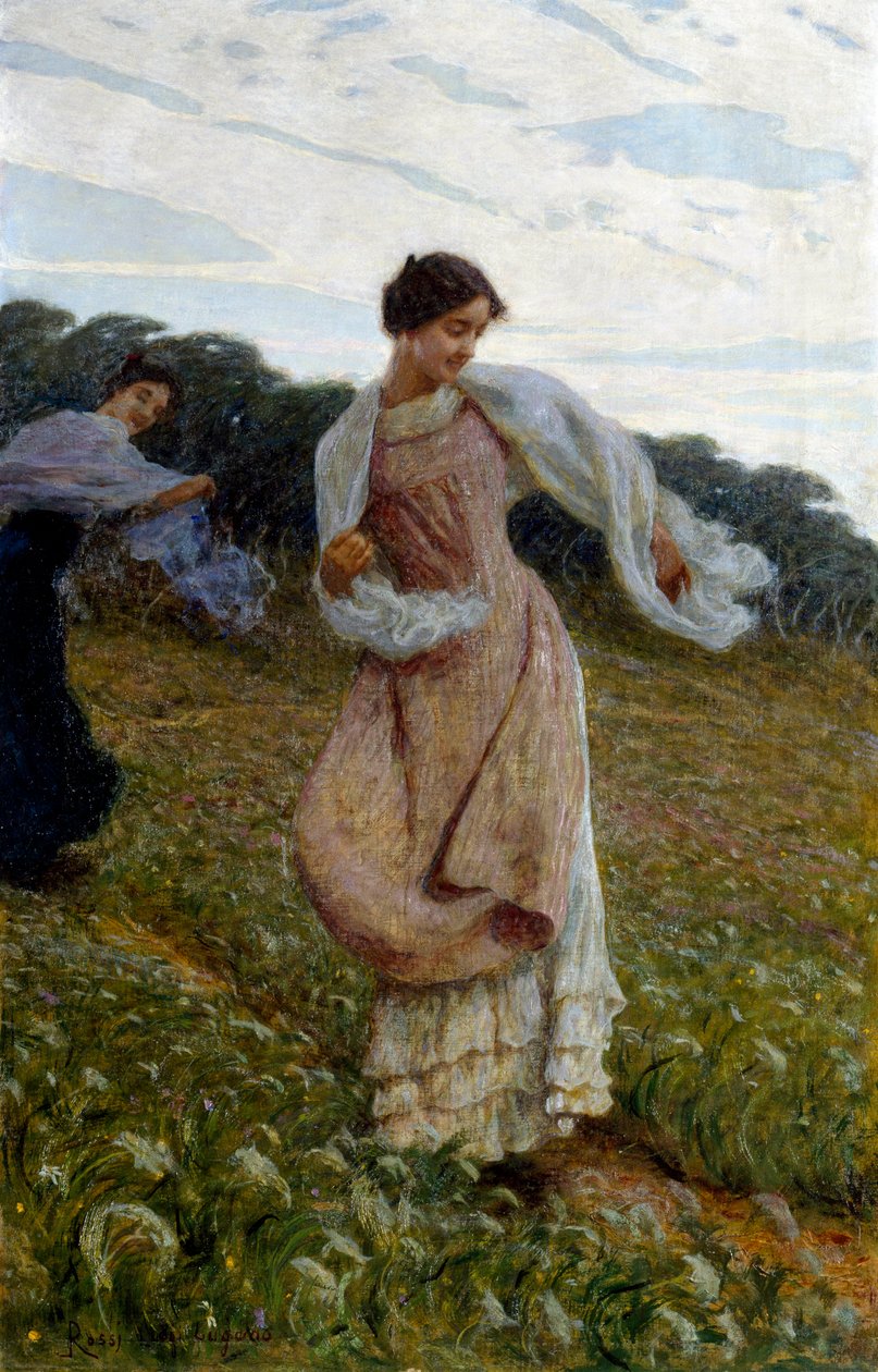 "Windje. Twee vrouwen in een veld spelen en genieten van hun warmte, die door de wind waait. Schilderij van Luigi Rossi (1853-1923), circa 1910-1912. Olieverf op doek. Privécollectie. door Luigi Rossi