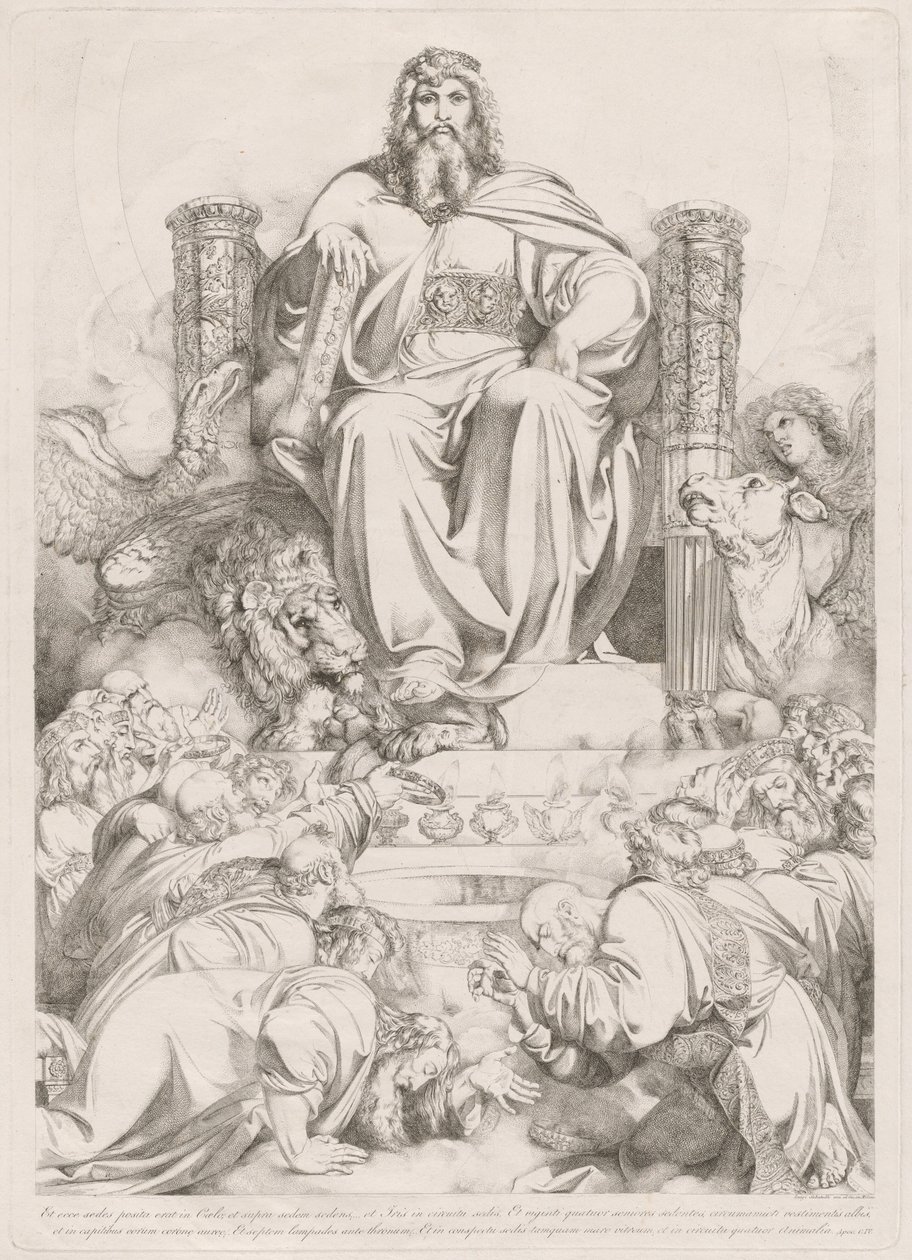 En zie, er was een troon geplaatst in de hemel... (God de Zoon in Majesteit op de Troon Omringd door de Vier Wezens en Aanbeden door de Vierentwintig Oudsten) door Luigi Sabatelli I