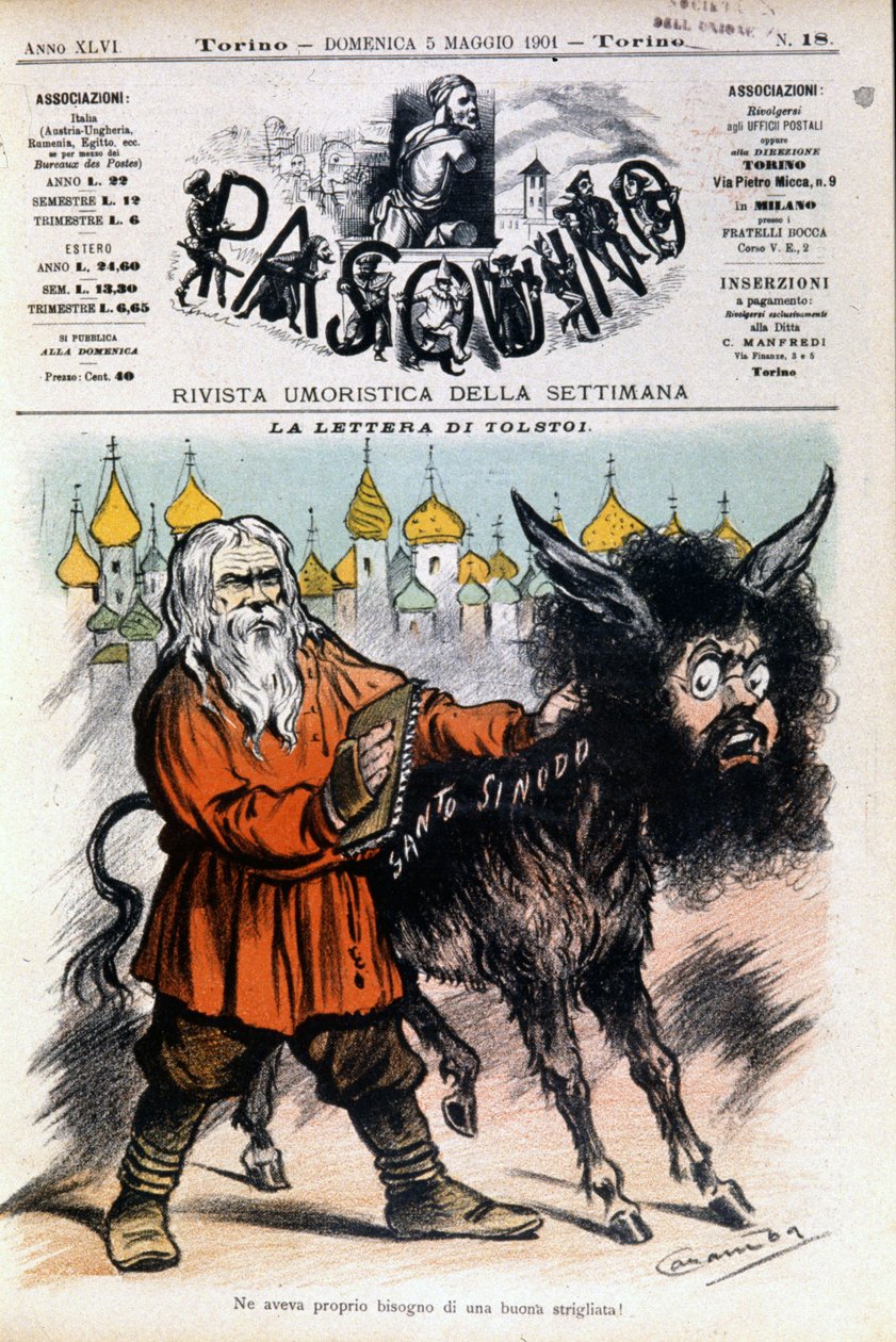 Karikatuur over Tolstoj door Luigi Sapelli Caramba betreffende de brief die Tolstoj naar de Heilige Stoel stuurde. Omslag van Pasquino van 05/05/1901. door Luigi Sapelli Caramba