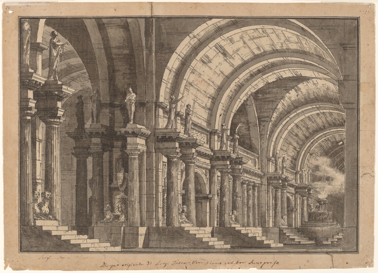 Een Monumentale Gewelfde Hal met een Rokend Altaar door Luigi Tasca