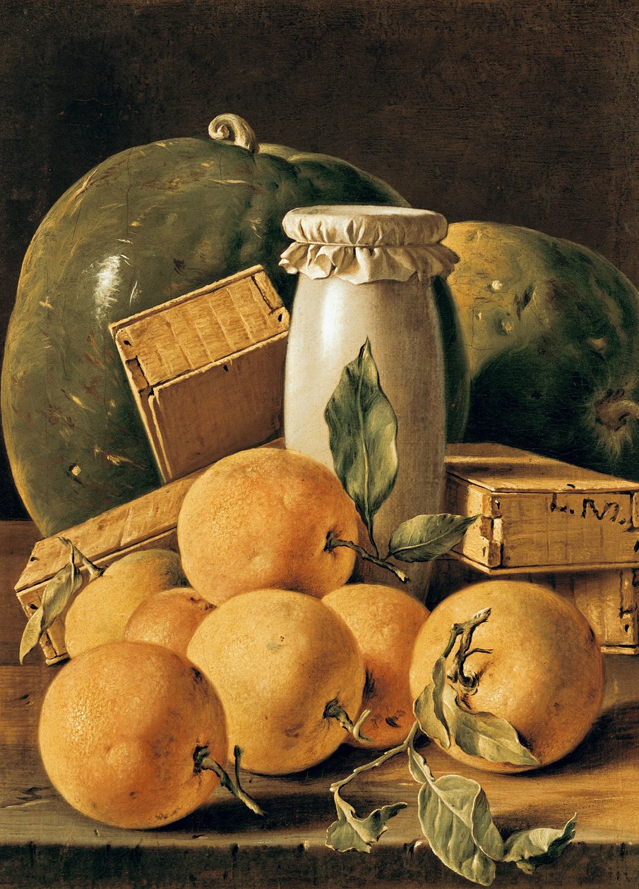 Stilleven van Sinaasappels, Watermeloen, een Pot en Dozen met Cake door Luis Egidio Melendez
