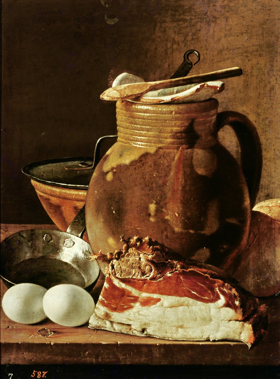Stilleven met ham, eieren, brood, koekenpan en kruik door Luis Egidio Melendez
