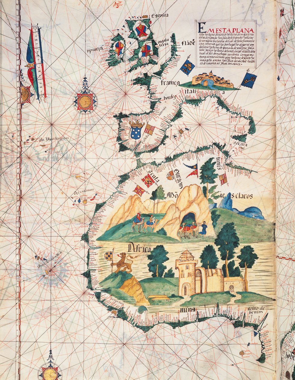 Fol.5v Kaart van Groot-Brittannië, Europa en Noordwest-Afrika, uit Portugaliae Monumenta Cartographica, een verslag van de ontdekkingen van Fernao Gomez van 1470-75, 1563 door Luis Lazaro