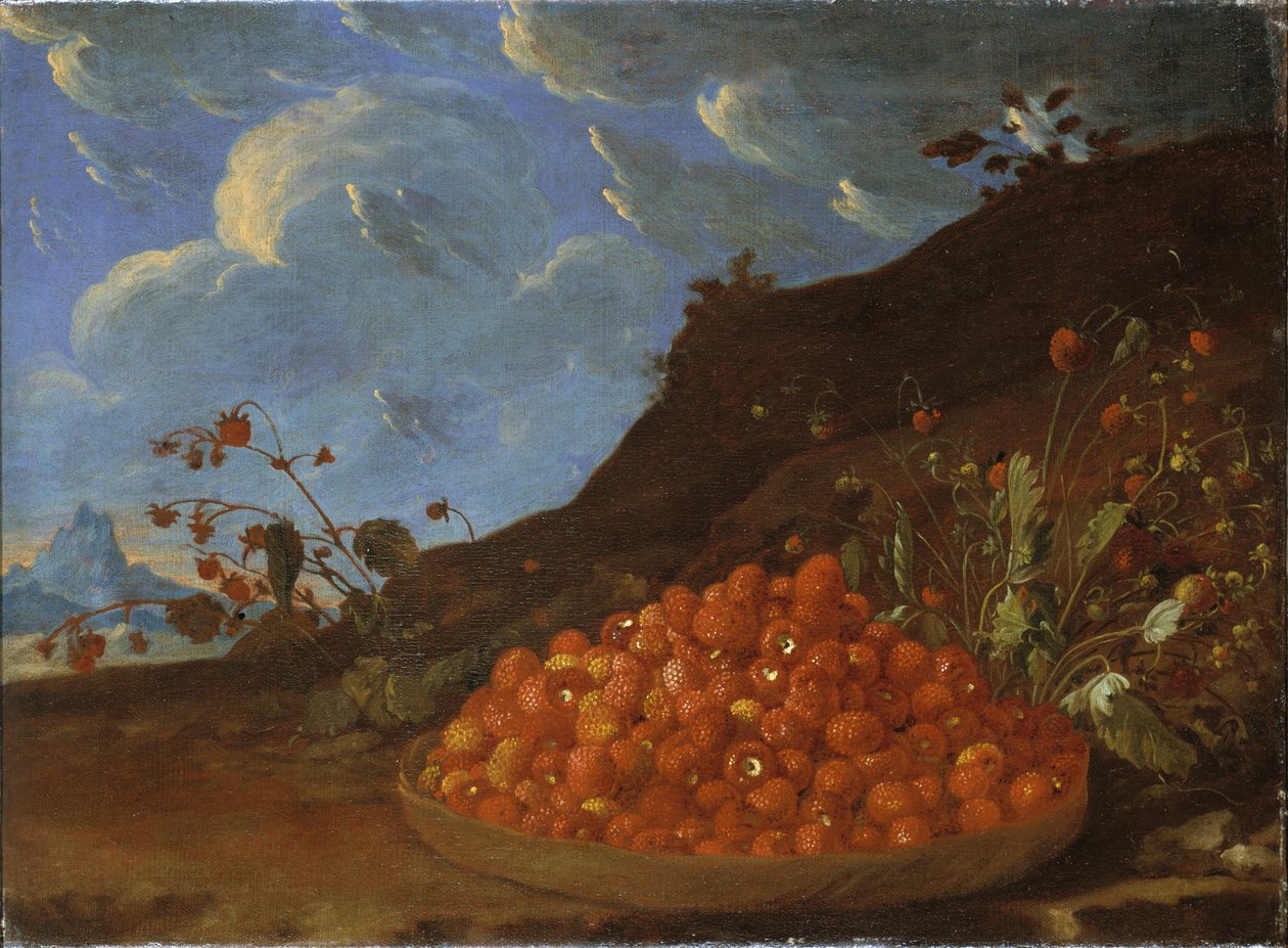 Mand met wilde aardbeien in een landschap, ca. 1770 door Luis Menendez or Melendez