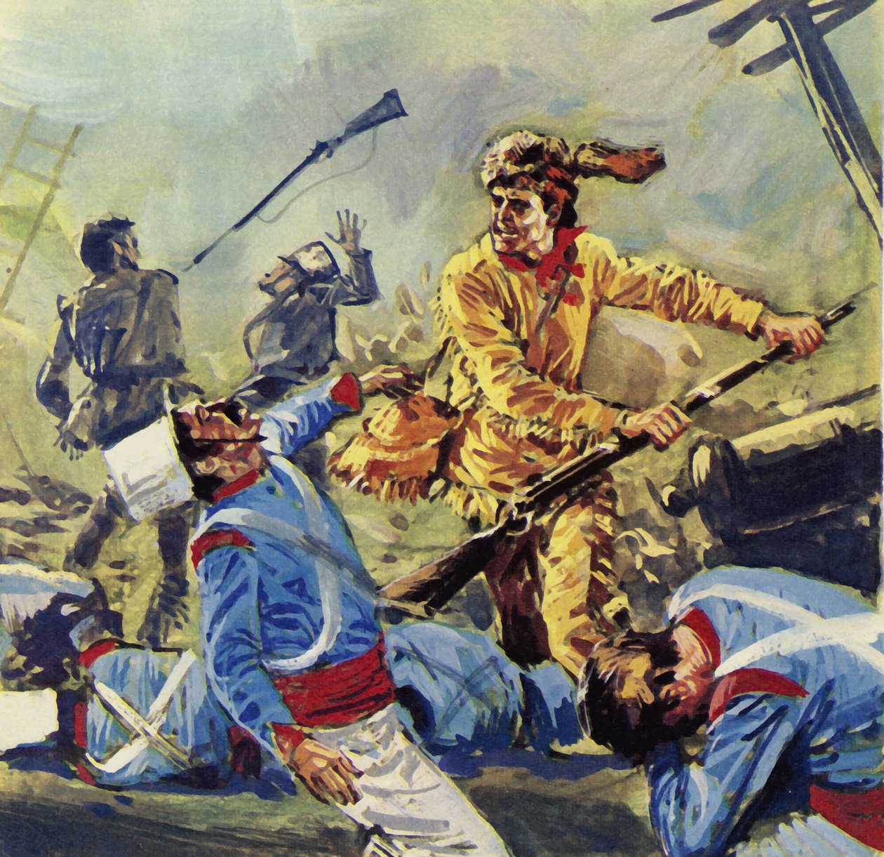 Davy Crockett viel uiteindelijk ten prooi aan de onophoudelijke Mexicaanse aanvallen (kleurenlitho) door Luis Arcas Brauner