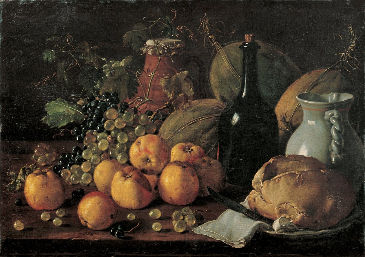 Stilleven met appels, druiven, meloenen, brood, kan en fles door Luis Egidio Melendez