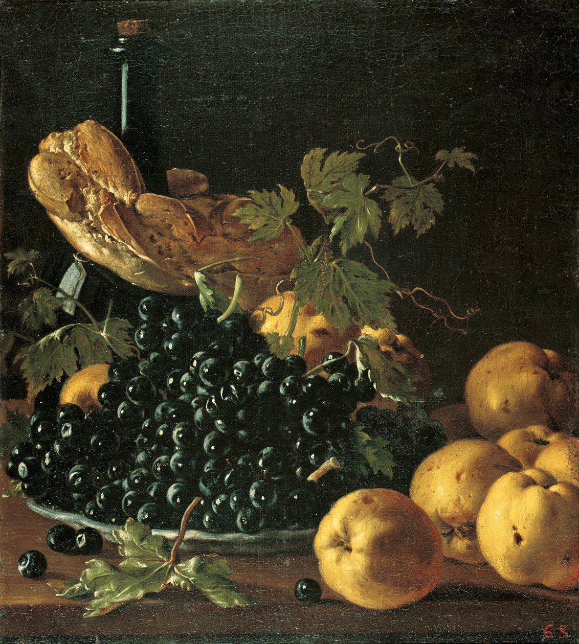 Stilleven met brood, appels, druiven en een fles door Luis Egidio Melendez