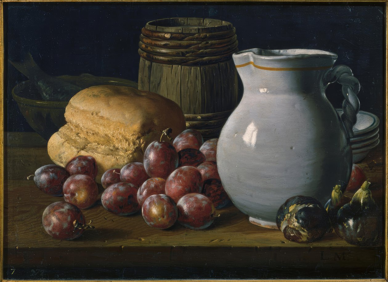 Stilleven met pruimen, vijgen, brood, vaten, kan en andere vaten door Luis Meléndez