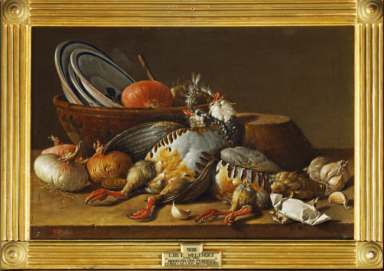 Stilleven met twee patrijzen, uien en keukengerei ... (schilderij op doek) door Luis Menendez or Melendez