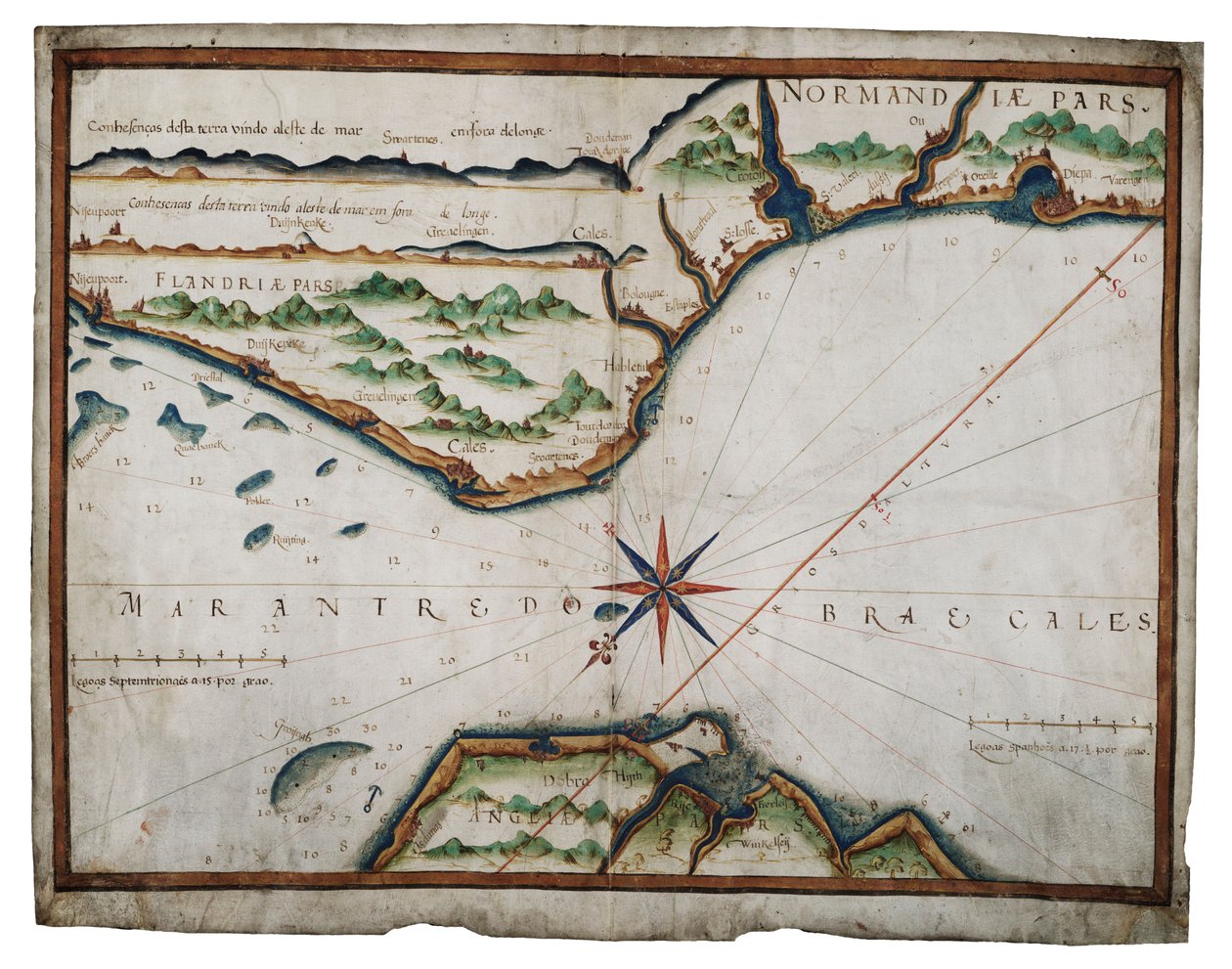 Kaart van het Kanaal van Dover, ca. 1587-88 door Luis Teixeira