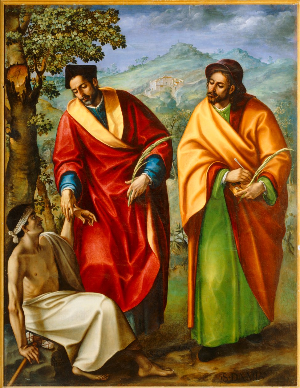 De heiligen Cosmas en Damianus, artsen, genezen een zieke ... door Luis de Carvajal