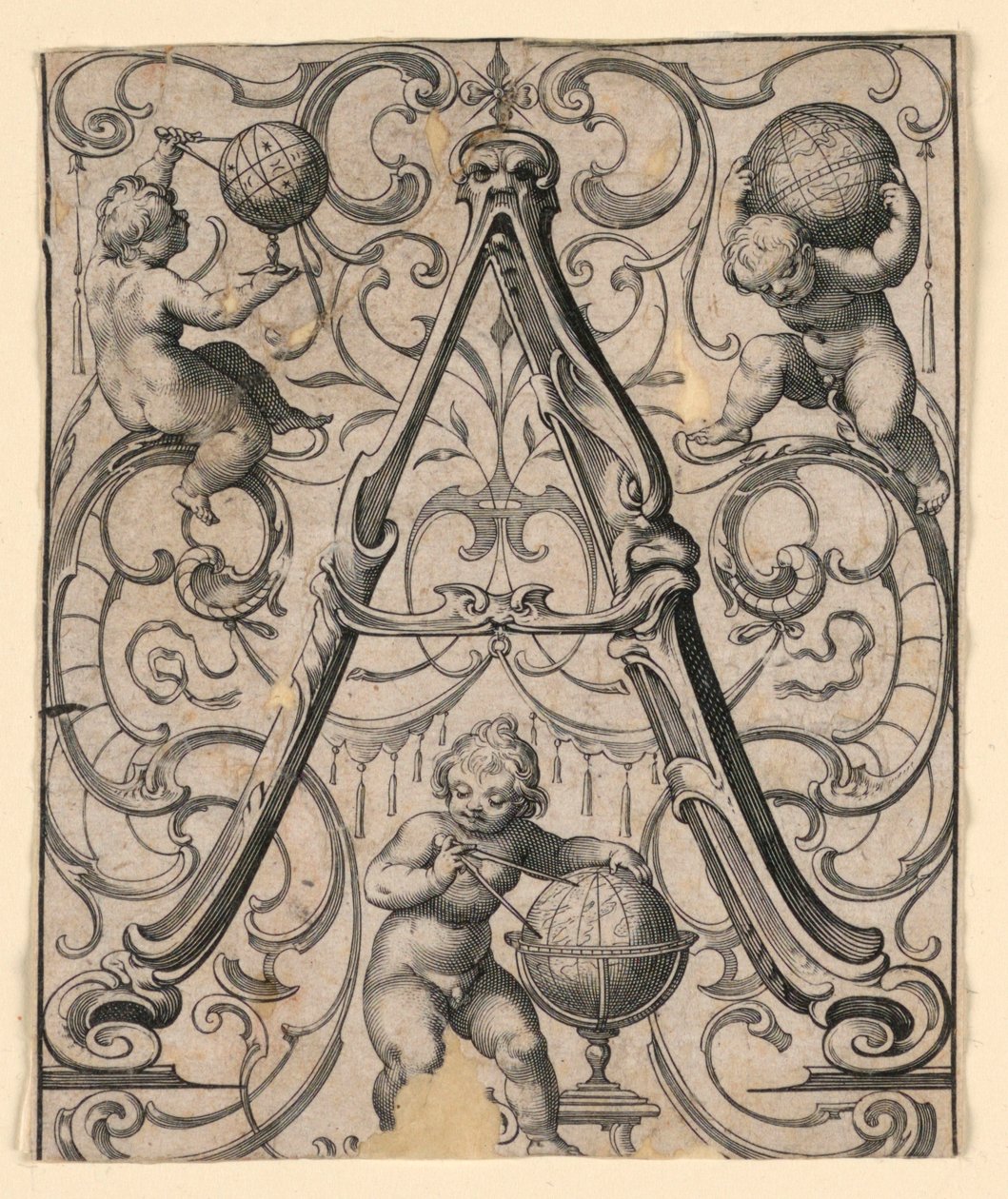 Paneel met de letter "A" uit het "Newes ABC Büechlein" door Lukas Kilian
